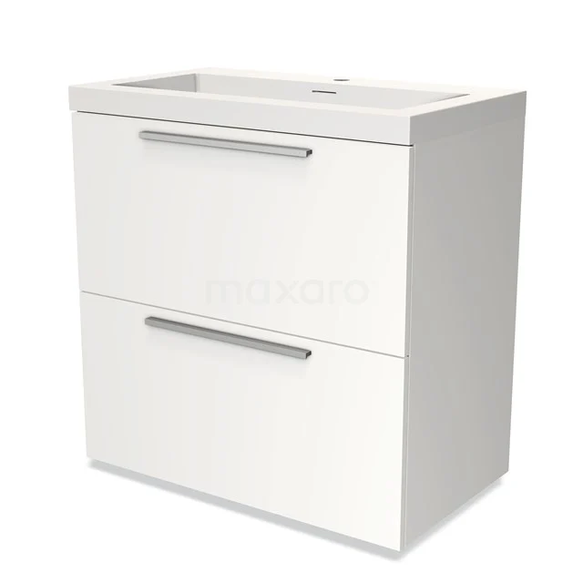 Weißer Badschrank mit zwei Schubladen und verchromten Haltegriffen, modernes Design und glänzende Oberfläche, ideal für zusätzlichen Stauraum.