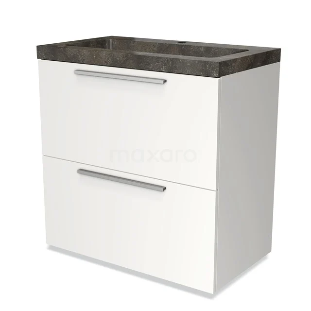 Wit badkamermeubel met twee lades en donkere stenen wastafelblad, modern design ideaal voor stijlvolle badkamerinrichting.