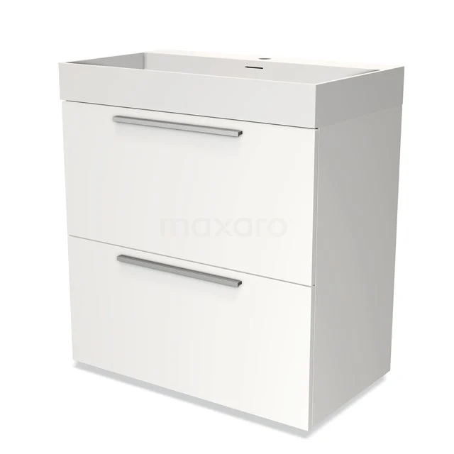 Wit badkamermeubel met twee lades en metalen grepen, strak design, ideaal voor moderne badkamers.