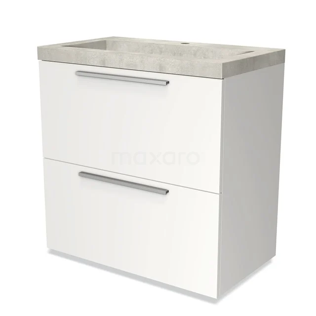 Modulo Vanity units with basin | 80 cm Matte white Flat front Concrete 2 stacked drawers under each other BMW13-00155 White bathroom cabinet with two drawers, grey ceramic basin and modern handles. Ideal for stylish bathroom storage.