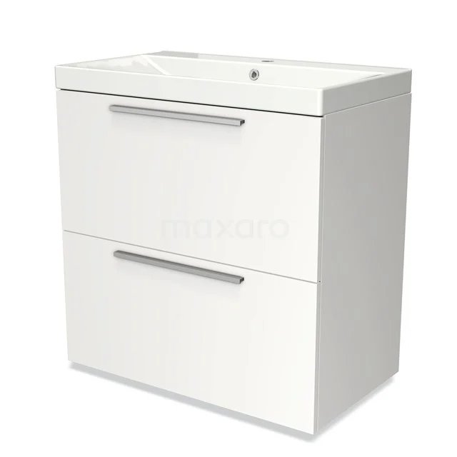 Weißes Badezimmermöbel mit zwei geräumigen Schubladen, chromfarbenen Haltegriffen und integriertem keramischen Waschbecken, schlankes und modernes Design.