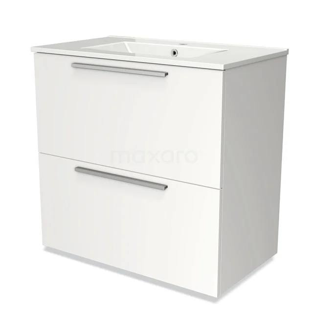 Witte badkamermeubel met twee ruime lades, strak design en keramische wastafel, ideaal voor moderne badkamers.