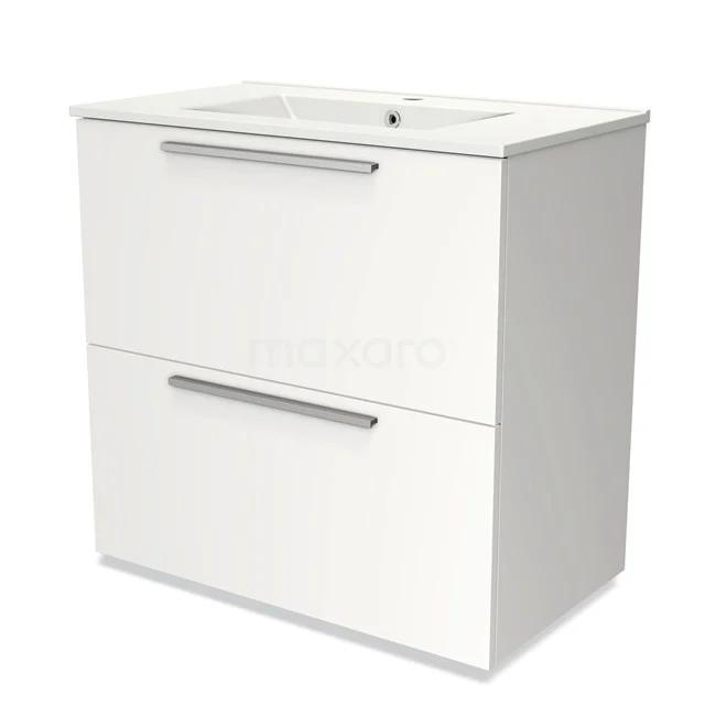 Wit badkamermeubel met twee lades en chromen grepen, strak design, ideaal voor moderne badkamers.