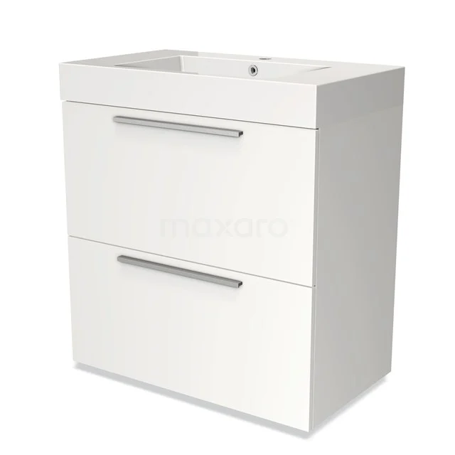 Wit hangend badkamermeubel met twee lades, strak design, inclusief wastafel; ideaal voor moderne badkamers.