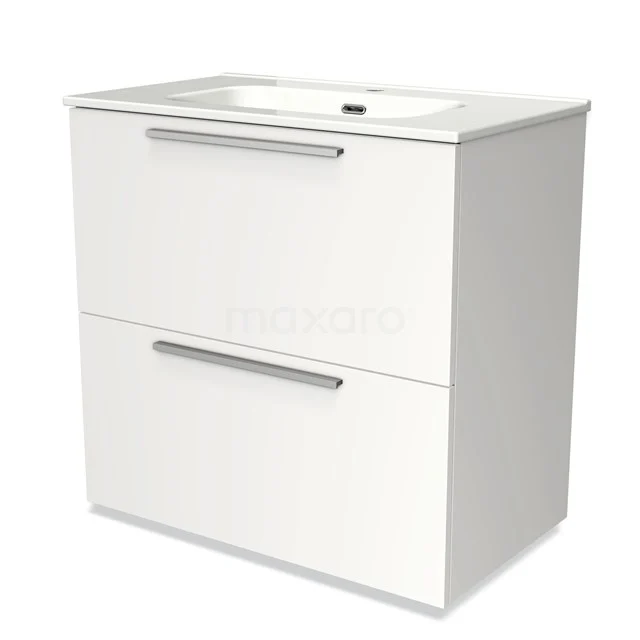 Wit badkamermeubel met twee lades en geïntegreerde spoelbak, strakke vormgeving, ideaal voor moderne badkamers.