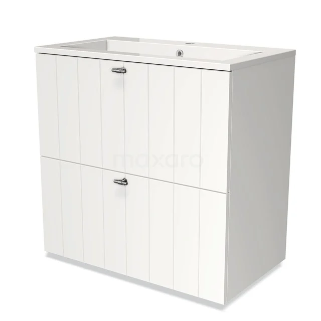 Modulo Vanity units with basin | 80 cm Matte white Slat front Mineral marble 2 stacked drawers under each other BMW13-00164 White bathroom unit with vertical grooves, two drawers and a ceramic basin, ideal for a stylish bathroom space.