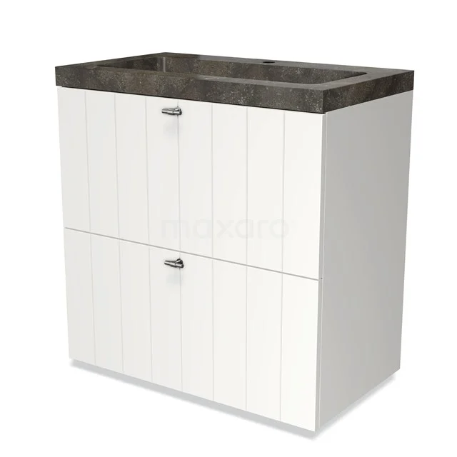 White bathroom unit with dark grey stone basin worktop, two drawers with vertical groove details, modern and sleek design.