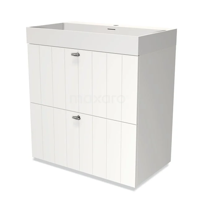 White wooden bathroom unit with two drawers, matte finish, ideal for modern bathroom storage.