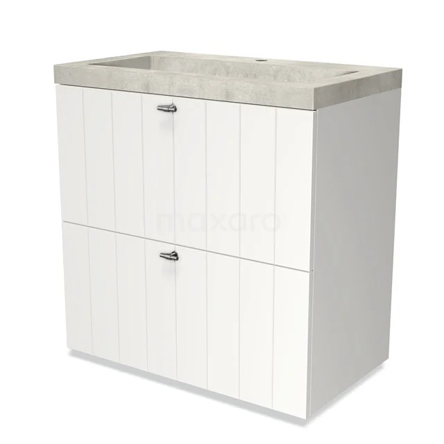 White Bathroom unit with two drawers and grey, concrete vanity units with basin; modern design with practical storage space.