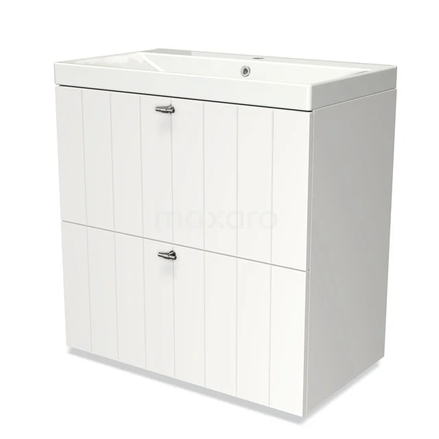 White bathroom furniture set with sleek design, two drawers and built-in ceramic basin, ideal for modern bathrooms.