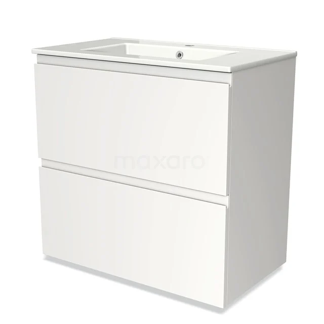 Wit badkamermeubel met twee lades, minimalistisch design, keramische wastafel en gladde afwerking voor een moderne uitstraling.
