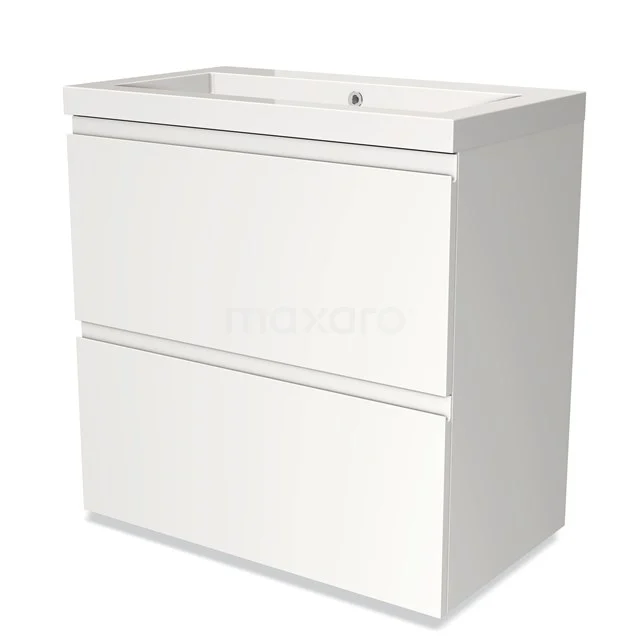 Wit badkamermeubel met twee greeploze lades, strak design in kunststof; ideaal voor moderne badkamers.