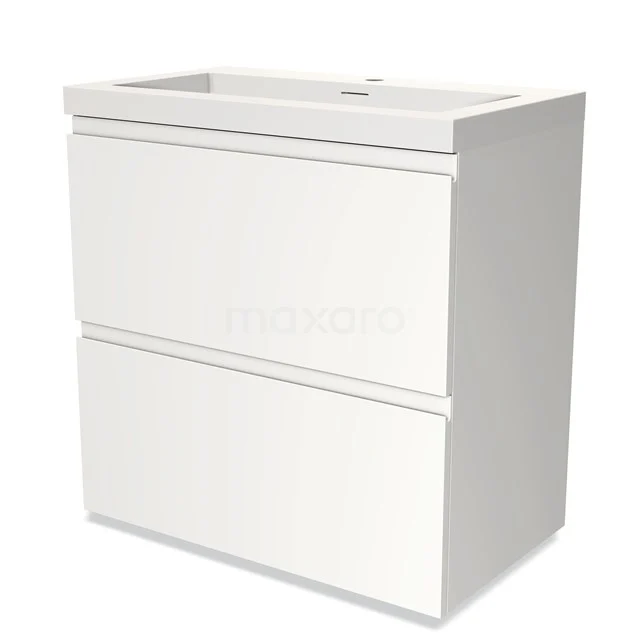 Badmöbel 80cm Modulo Matt Weiß 2 hohe Schubladen Griffloses Solid Surface Waschbecken BMW13-00181 Weißes Badezimmermöbel mit zwei Soft-Close-Schubladen, minimalistisches Design, geeignet für ein modernes Badezimmer.