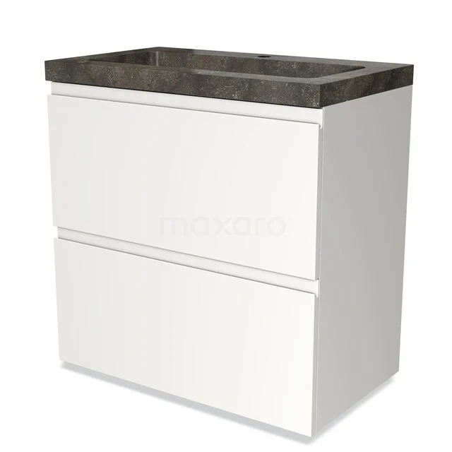 White floating bathroom unit with two drawers and a dark grey stone basin worktop, sleek modern design.