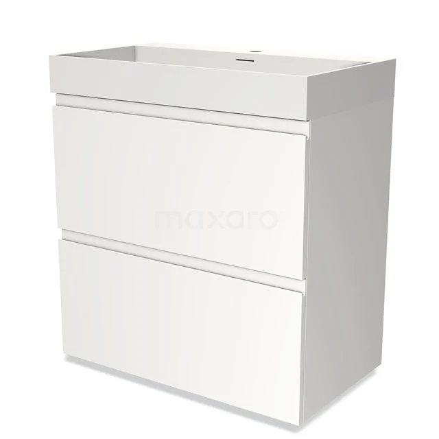Wit badkamermeubel met twee lades, strak design en keramische wastafel, ideaal voor een moderne badkamerinrichting.