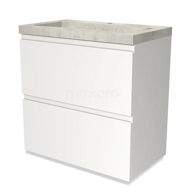 Wit badkamermeubel met twee lades en een grijze wastafel van betonlook, ideaal voor een moderne badkamerstijl.