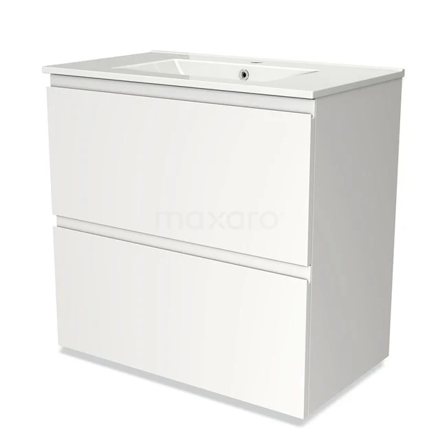 Modulo Vanity units with basin | 80 cm Matte white Handle-less front Ceramic 2 stacked drawers under each other BMW13-00189 Sleek white bathroom cabinet with two drawers, made of high-quality materials, ideal for modern bathroom storage.