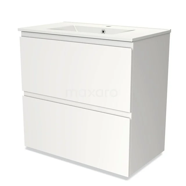 Weiße Badmöbelset mit zwei Schubladen und keramischem Waschbecken, modernes Design für stilvolle Badezimmergestaltung.