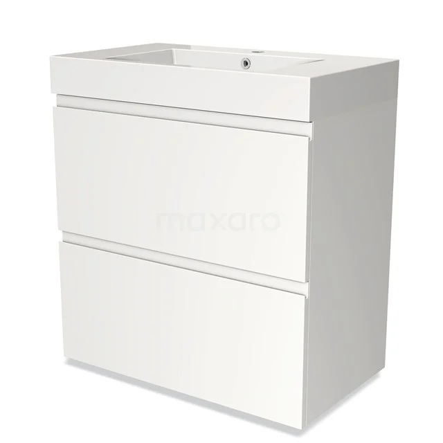 Wit badkamermeubel met twee lades, modern design, gemaakt van hoogglans MDF, inclusief keramische wastafel.