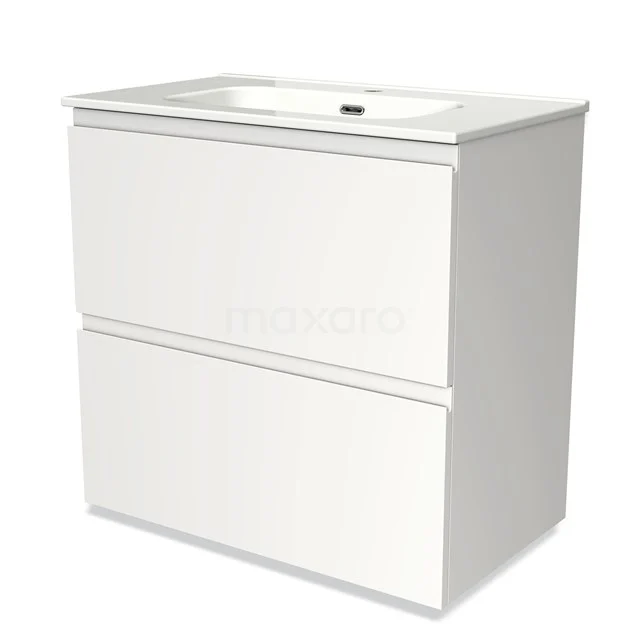 Witte badkamermeubel met twee lades, modern ontwerp, keramische wastafel en strak minimalistisch design.