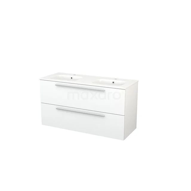 White Bathroom unit with two drawers, elongated metal handles and double basin, modern design for a luxurious bathroom.