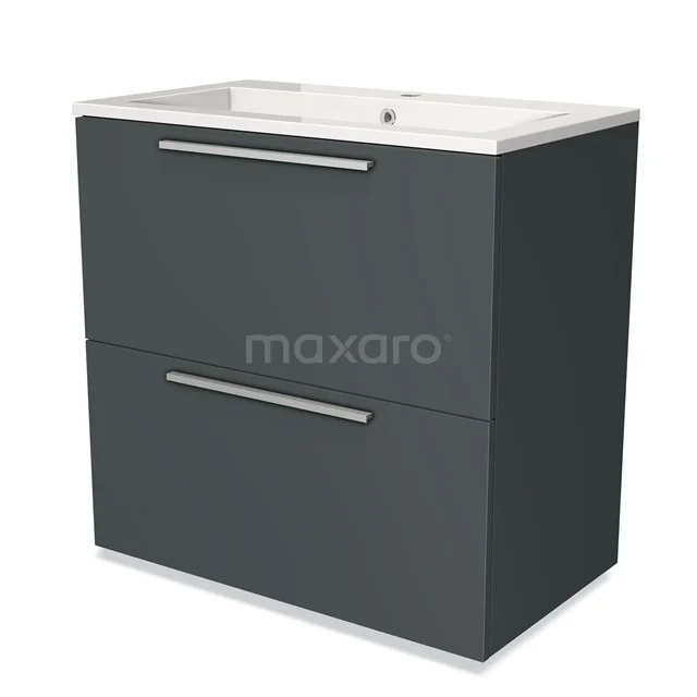 Donkergrijze badkamermeubelset met twee lades, minimalistisch ontwerp en geïntegreerde wastafel, ideaal voor moderne badkamers.