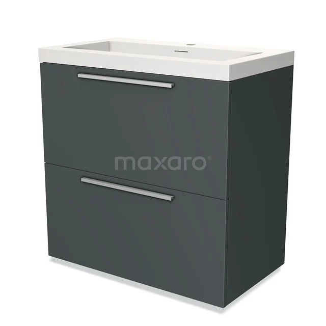 Dark grey bathroom cabinet with two drawers, modern basin and sleek handles, ideal for a stylish bathroom layout.