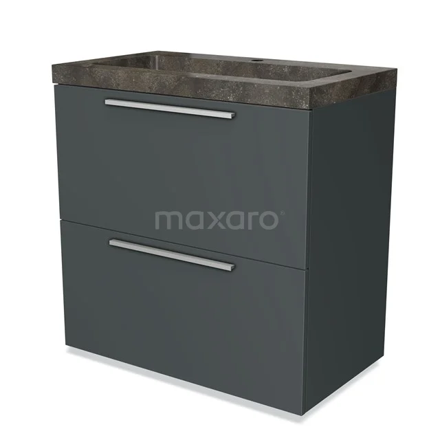 Dark grey bathroom furniture set with two drawers, stainless steel handles and a natural stone worktop.