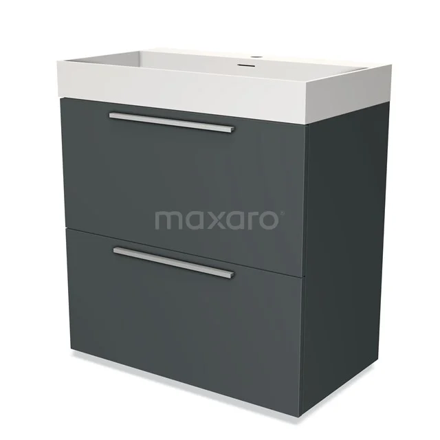 Dark grey bathroom cabinet with two drawers, metal handles and white basin, ideal for a modern bathroom.