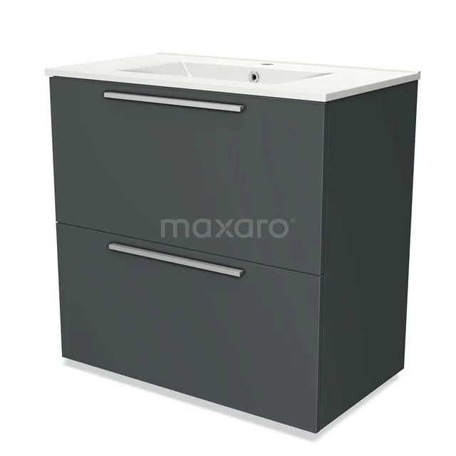 Dark grey bathroom cabinet with two drawers, chrome handles and built-in white basin, modern and sleek design.