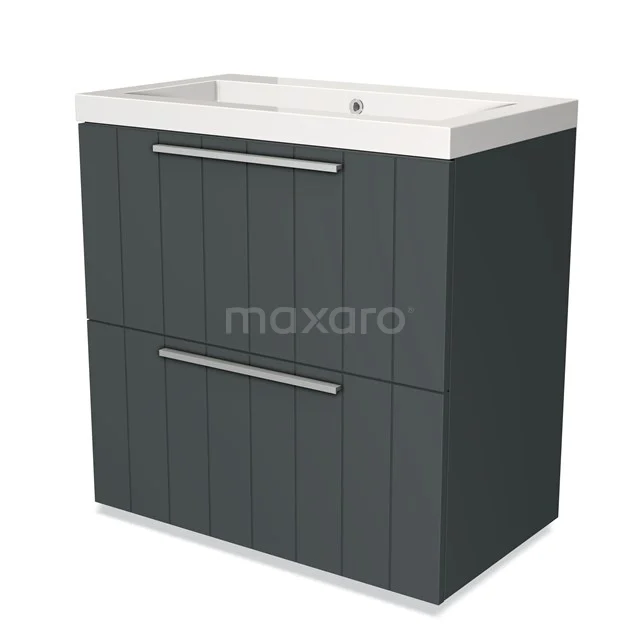 Dark grey bathroom unit with integrated white vanity units with basin, vertical grooves and soft-close drawers.