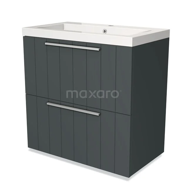 Dark grey bathroom furniture set with vertical lines, two drawers and ceramic basin; modern and space-saving design.