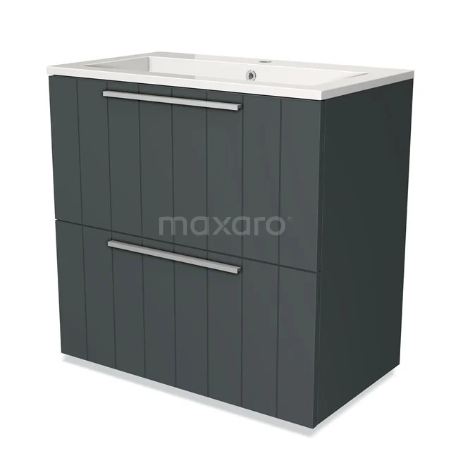 Grijze badkamerkast met dubbel softclose lade, modern design, keramische wastafel en metalen handgrepen.