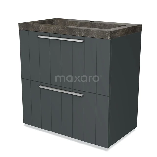 Donkergrijze badkamerkast met twee lades, metalen handgrepen en een natuurstenen wastafelblad, ideaal voor moderne badkamers.