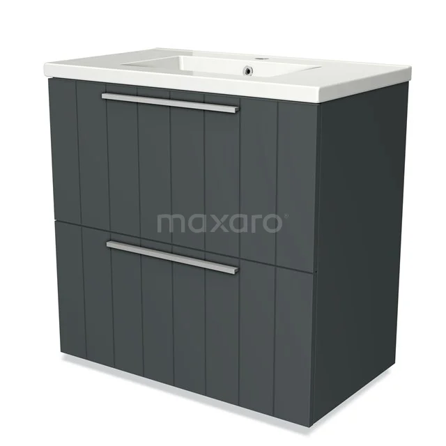 Modulo Bathroom furniture with sink | 80 cm Dark grey Slat front Ceramic 2 stacked drawers under each other BMW13-00217 Grey bathroom furniture set with two drawers, metal handles and ceramic basin, modern design and convenient storage space.