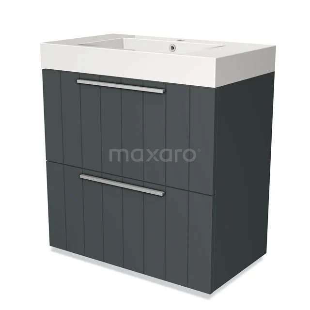 Donkergrijs badkamermeubel met witte wastafel, twee lades en verticale lijnen, modern ontwerp voor stijlvolle badkamers.