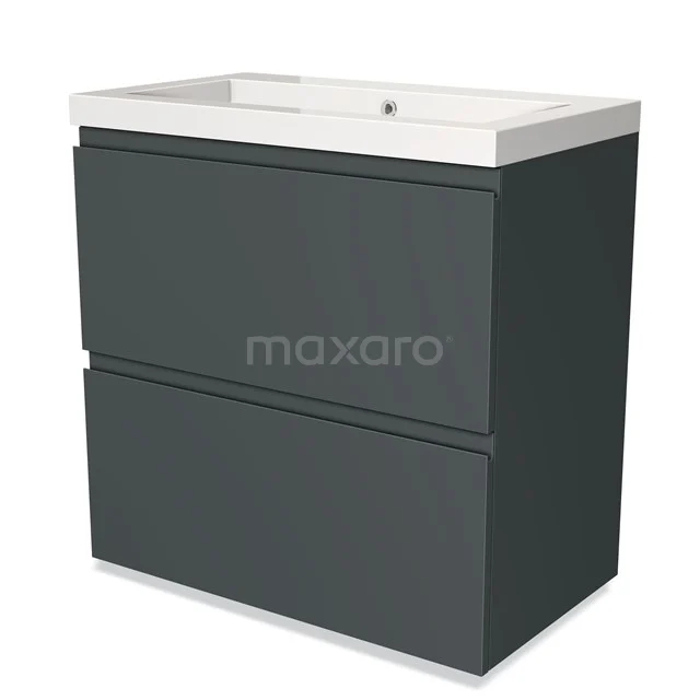 Donkere grijze badkamermeubel met twee lades en een witte wastafel, modern design en compact formaat.