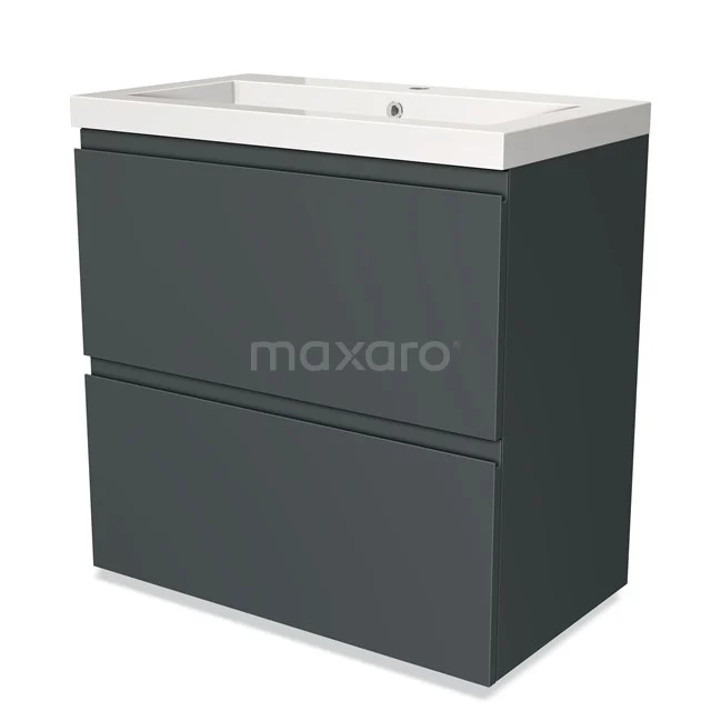 Donkergrijze badkamerkast met twee softclose lades, wit keramisch wastafelblad en strak modern design.