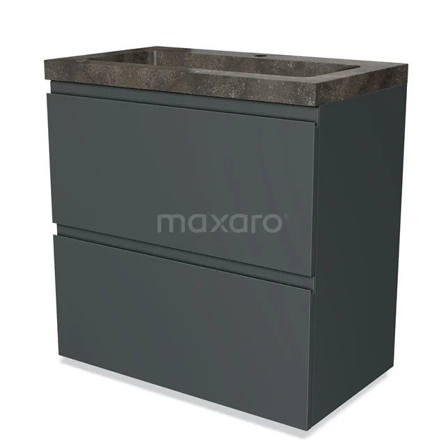 Graues Badezimmermöbel, zweilagig mit einem dunklen Marmorwaschbecken; modernes Design und stilvolle Aufbewahrungsoptionen.