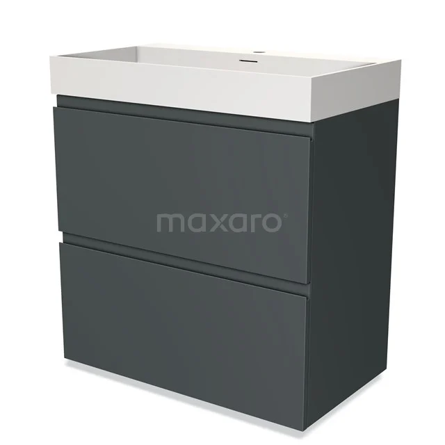 Dark grey vanity unit with white ceramic basin, modern design, ideal for stylish bathroom design.