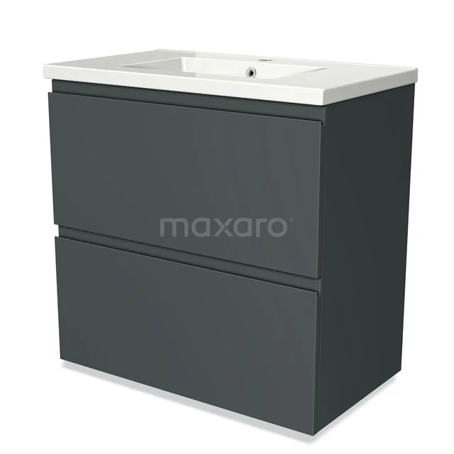 Dark grey bathroom furniture set with two drawers and integrated basin, modern design and clean finish.