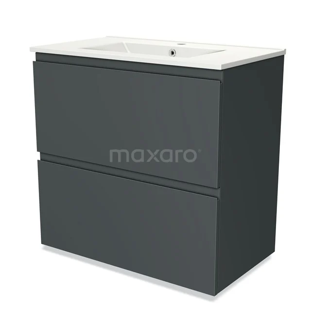 Dark grey bathroom cabinet with two drawers and white sink, modern design made of durable materials.