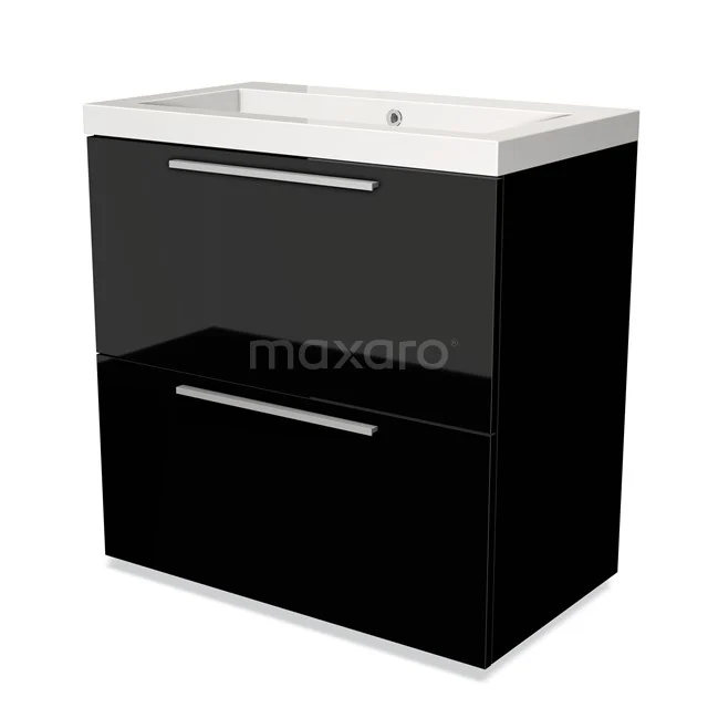 Modulo Badkamermeubel met wastafel | 80 cm Hoogglans zwart Vlak front Mineraalmarmer 2 hoge lades onder elkaar BMW13-00242