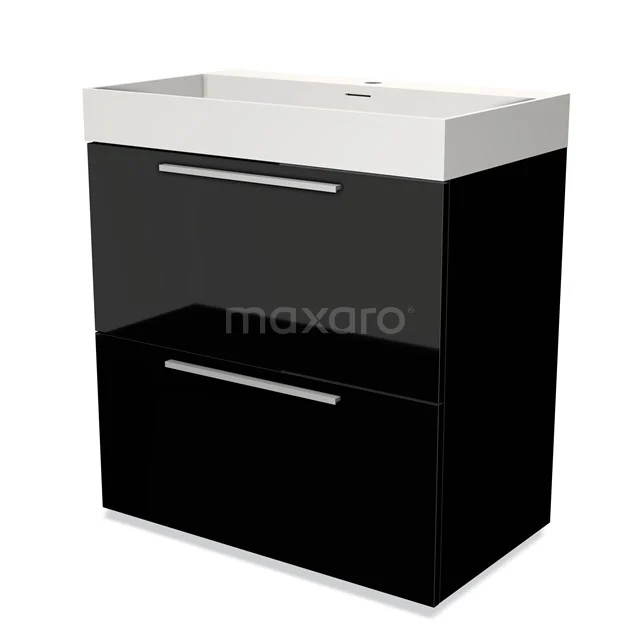Black bathroom furniture set with high-gloss finish, two drawers and white ceramic basin on top.