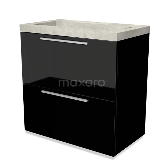 Modulo Waschtische | 80 cm Hochglanz Schwarz Flach front Beton 2 hohe Schubladen übereinanderliegend BMW13-00251 Schwarzes Badmöbel mit doppelten Schubladen und Betonlook Waschbecken, modernes Design, ideal für eine stilvolle Badezimmer Einrichtung.