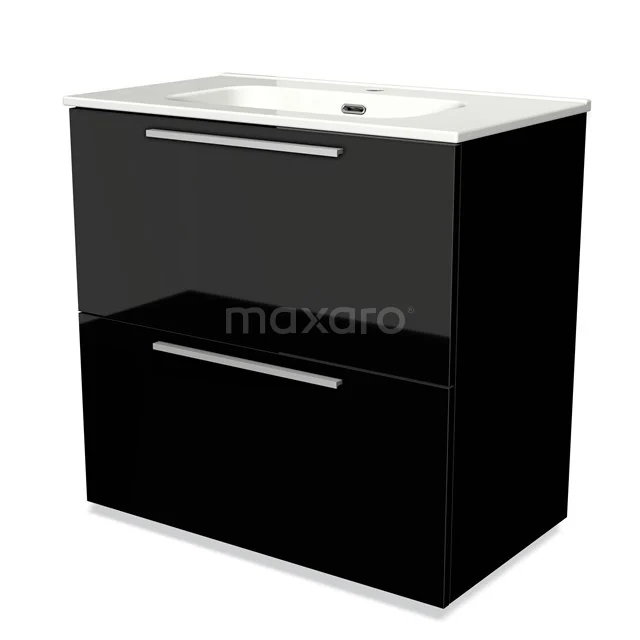 Black glossy bathroom unit with integrated vanity units with basin, modern design, two drawers and metal handles.