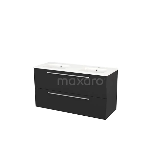 Black modern bathroom furniture set with double basin, sleek metal handles and simple design for a stylish bathroom.