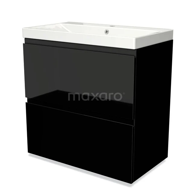 Black floating bathroom furniture set with glossy finish, white ceramic basin and two soft-close drawers.