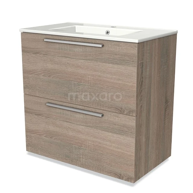 Houten badkamermeubel met wastafel, twee ruime lades en strak design, ideaal als modern opbergmeubel in de badkamer.