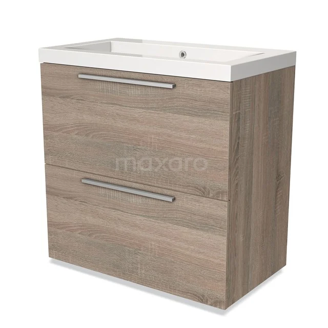Houten badkamermeubel met een moderne wastafel, twee lades, en metalen grepen, ideaal voor een strakke badkamerindeling.